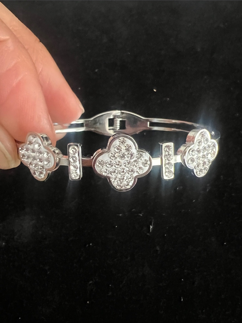 Crystal Pavé Clover Silver Bangle Bracelet